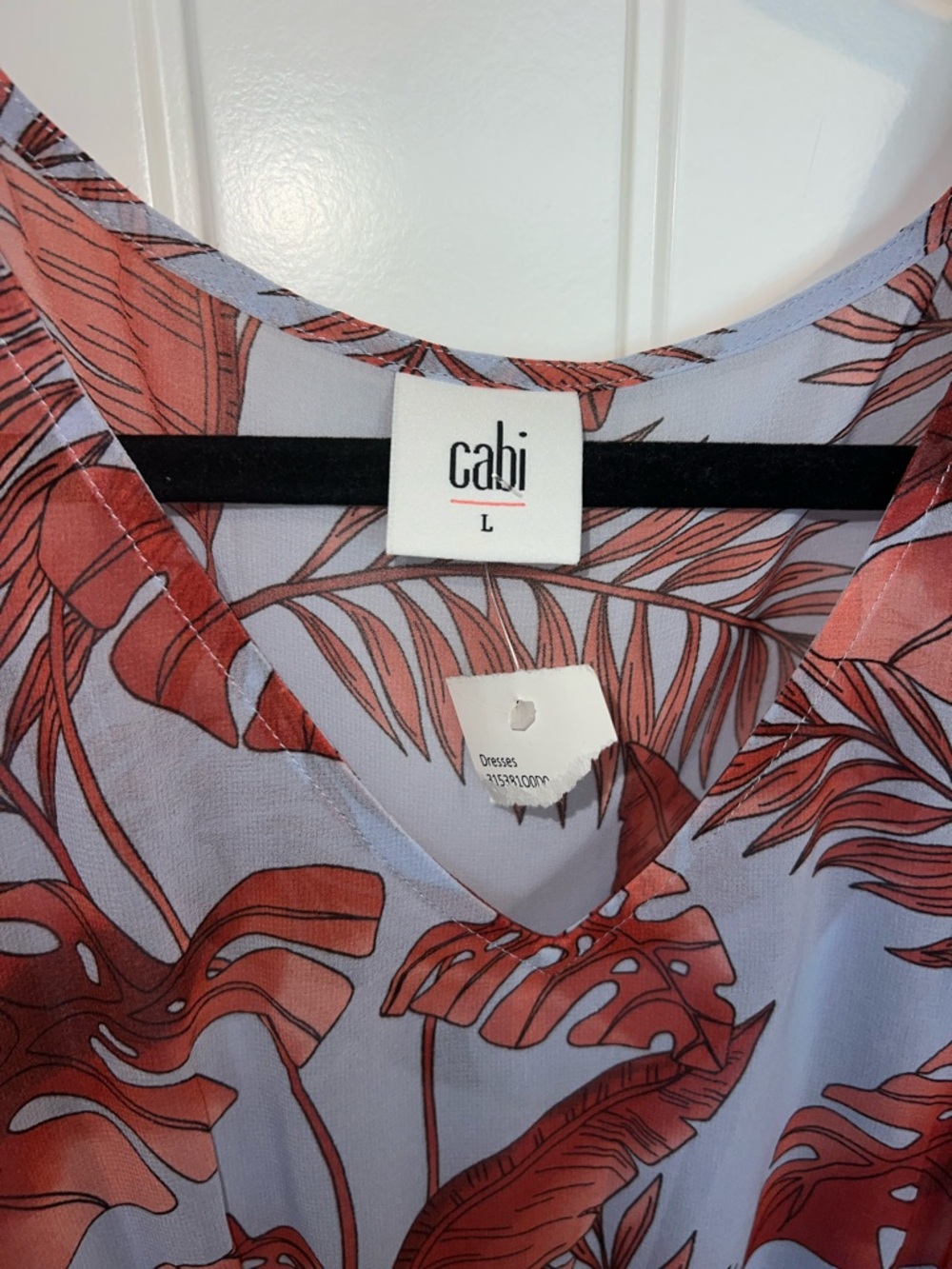NWT! CAbi Isabel V-Neck Mini Dress in Light Blue with Coral Leaf Print Size L - Picture 6 of 16